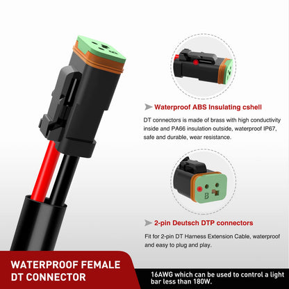 Nilight 10058W Kit de Extensión de Arneés de Cableado 16 AWG de 10 Pies, Conector DT de 2 Pines, para Barra de Luz LED Todoterreno, Paquete de 2