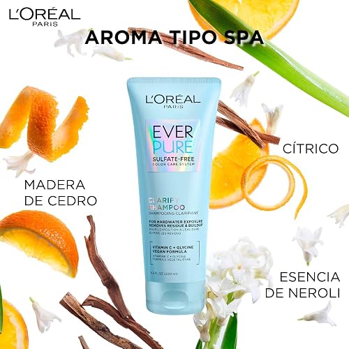 L'Oréal Paris Ever Pure Clarify & Restore Shampoo Efecto Detox, 200 ml | Fórmula vegana sin sulfatos ideal para pelo teñido. Hidrata, limpia a profundidad y aporta vitaminas con aroma de tipo spa.