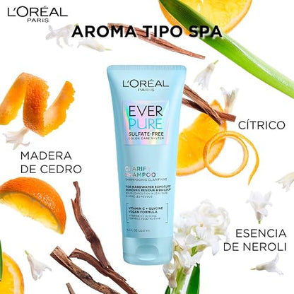 L'Oréal Paris Ever Pure Clarify & Restore Shampoo Efecto Detox, 200 ml | Fórmula vegana sin sulfatos ideal para pelo teñido. Hidrata, limpia a profundidad y aporta vitaminas con aroma de tipo spa.