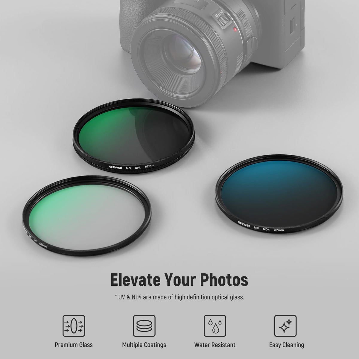 NEEWER 67mm UV/CPL/ND Kit Filtros Lentes con Estuche Rígido, Marco Aleación Aluminio & Vidrio Optico Multicapa, UV + Polarizador Circular (CPL) +Densidad Neutra (ND4) Filtro para 67mm Camara Lentes