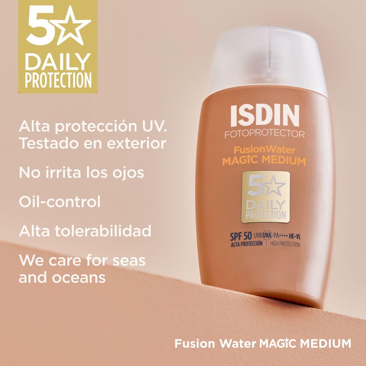 ISDIN Fotoprotector Fusion Water COLOR SPF 50, Protector Solar Facial de fase acuosa con color para uso diario, Cobertura natural, 50ml