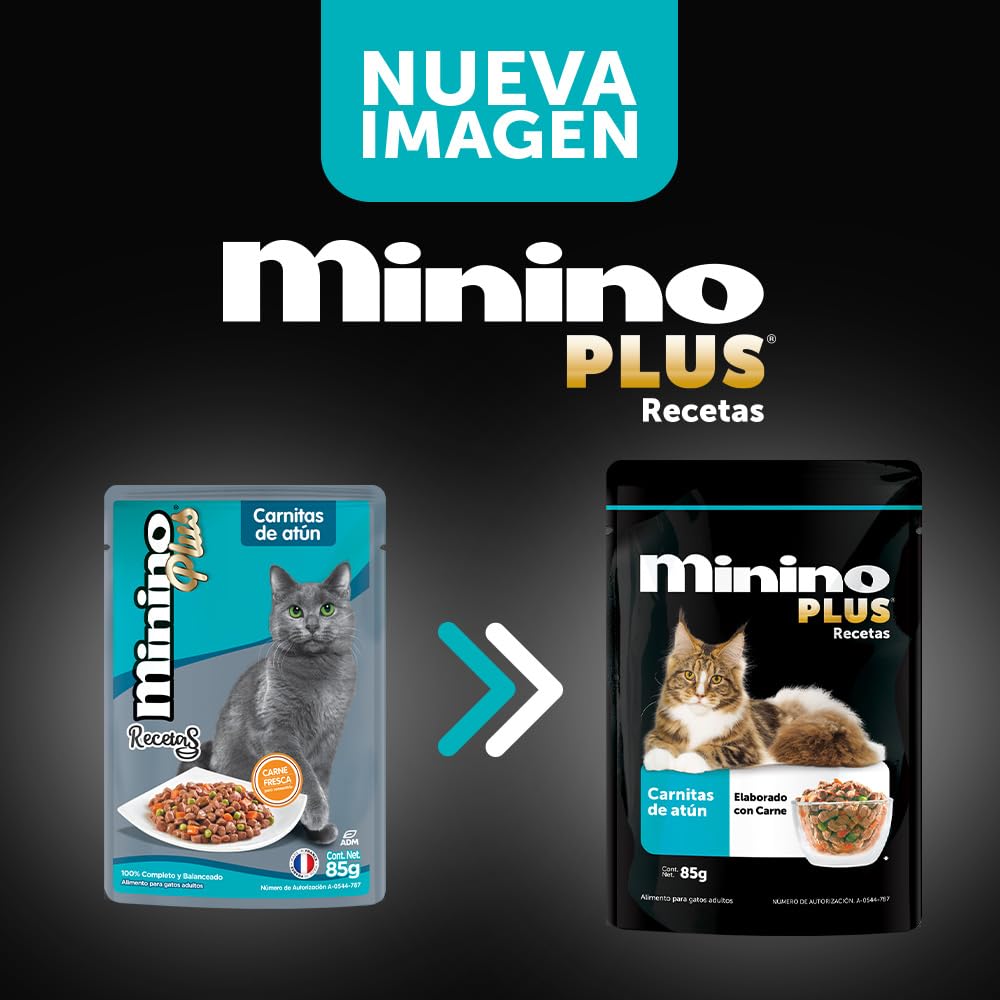 Minino Plus Recetas, alimento húmedo Sabor Carnitas de atún, 85 g, Gris, Paquete con 24 Piezas
