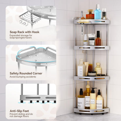 Binecer - Organizador de Ducha de Esquina de 4 Niveles con Soporte para jabón, estantes de Ducha inoxidables para Almacenamiento de champú, Color Plateado
