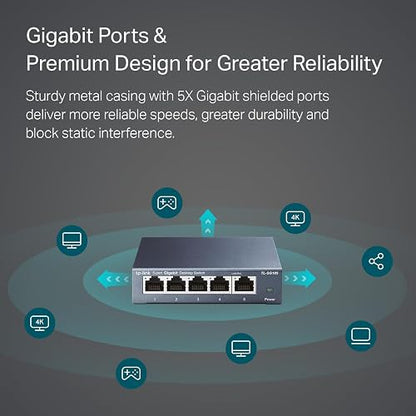 TP-Link Switch de Red Gigabit TL-SG105 - 5 Puertos RJ45 Gigabit - Carcasa Metálica - Plug and Play - QoS e IGMP Snooping - Ahorro de Energía