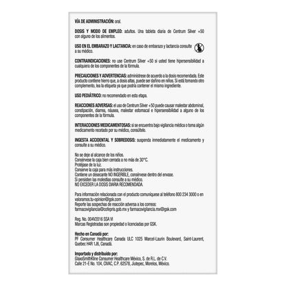 Centrum Multivitamínico Silver +50 con Magnesio, Vitamina C, Calcio, Potasio y Zinc, 100 Tabletas