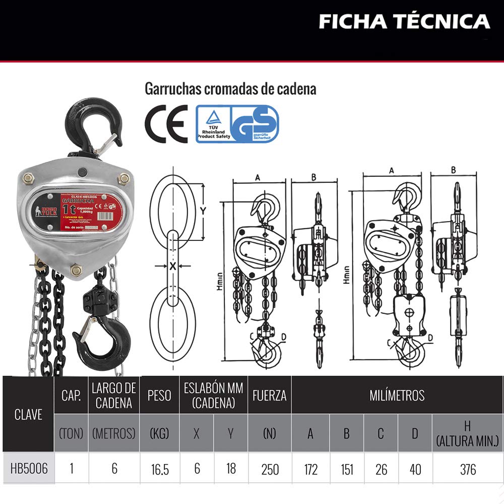 Dogotuls HB5006 Garrucha cromada 1Ton con cadena de 6m 4:1