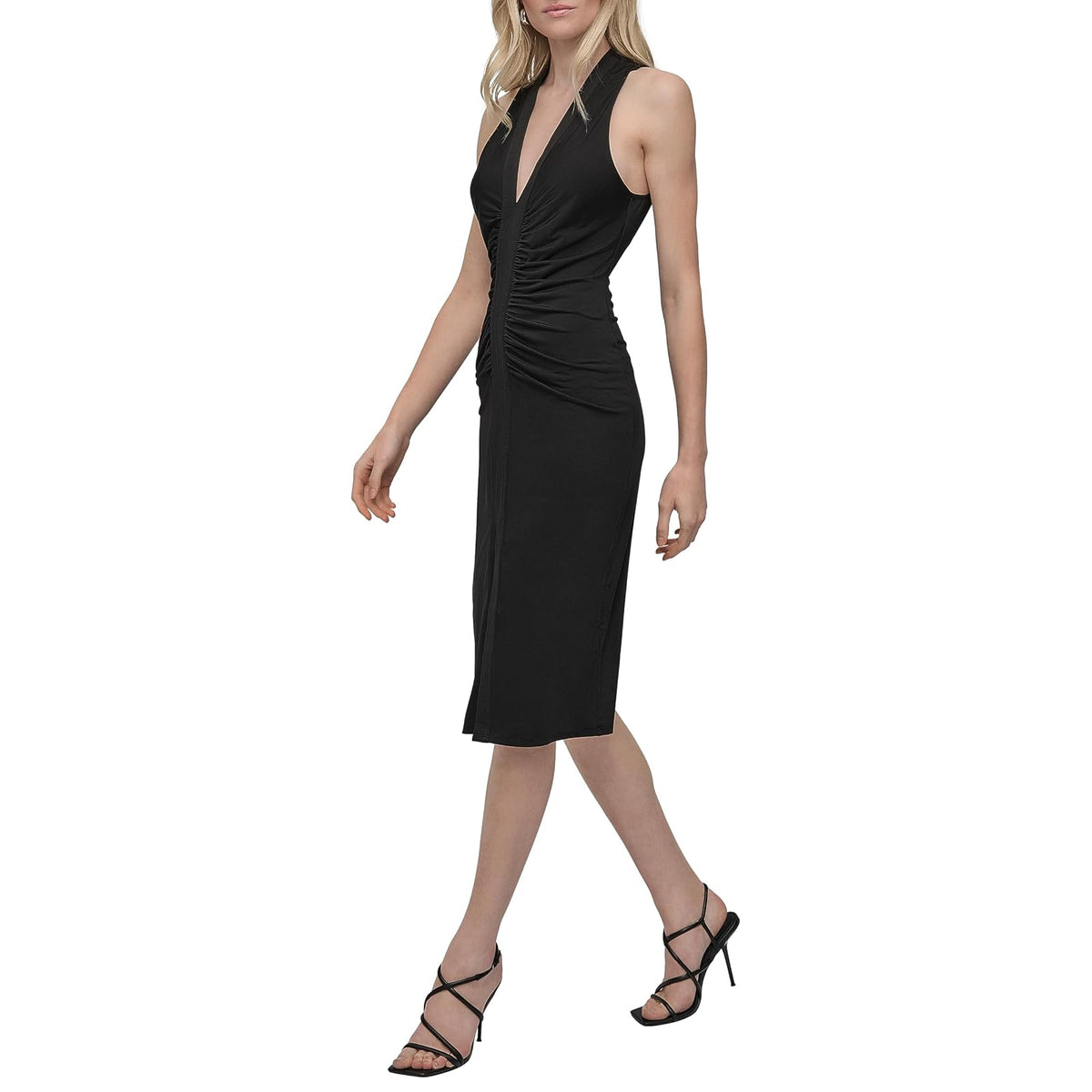 DKNY Sleeveless V-Neck Ruched Sheath Dress Vestido Mujer