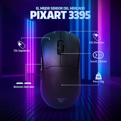 GAME FACTOR MOW800-WH Mouse Gamer Inalambrico RGB Óptico Pixart 3395 26,000 dpi Base Magnetica RGB Ultra Baja Latencia Ultra Ligero 56 Gramos Bluetooth Doungle 2.4 GHz Color Blanco