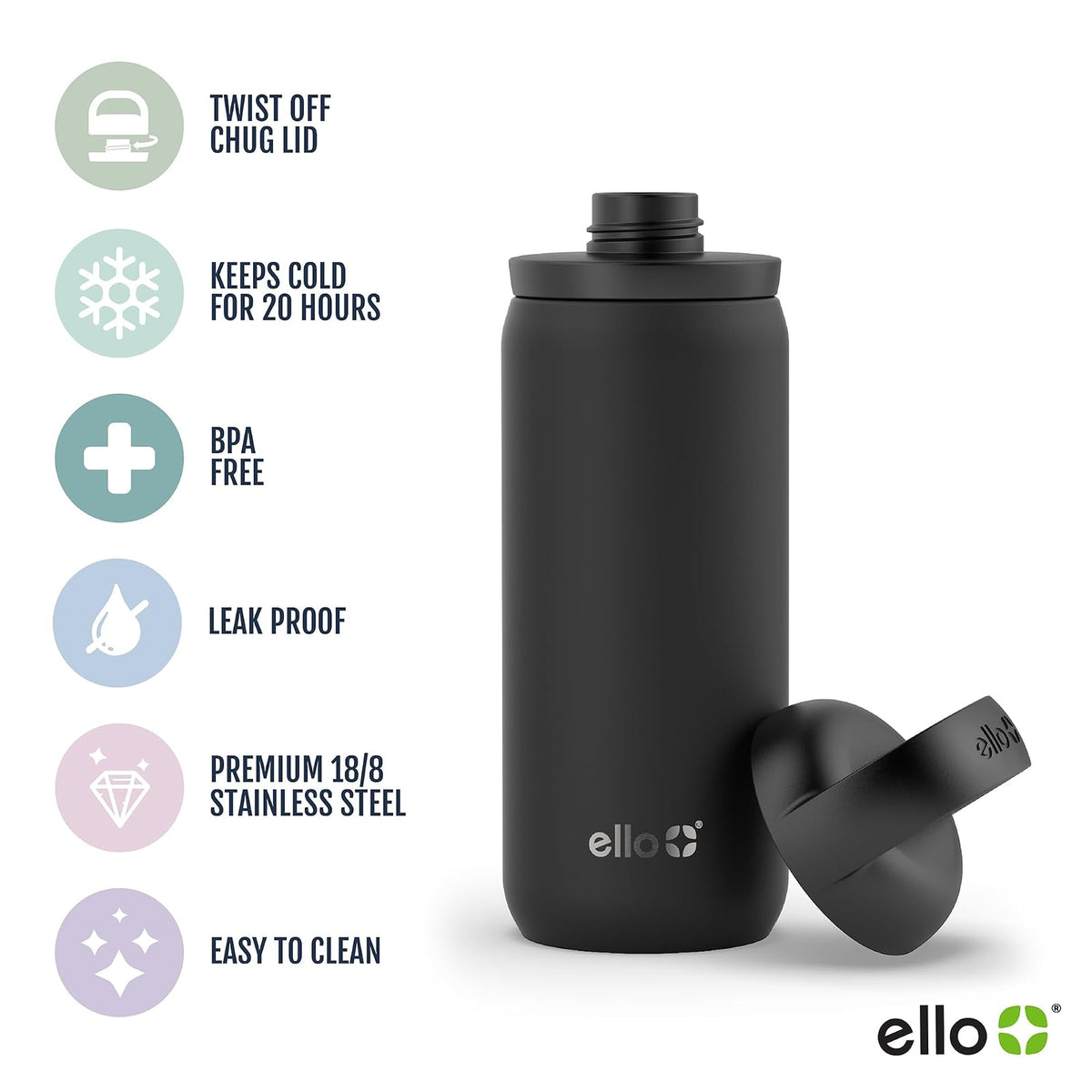 Ello Cooper Twist - Botella de agua de acero inoxidable de 18 onzas con tapa de chug, a prueba de fugas, doble pared y aislada al aspiradora, se adapta a portavasos de automóvil, bucle de transporte