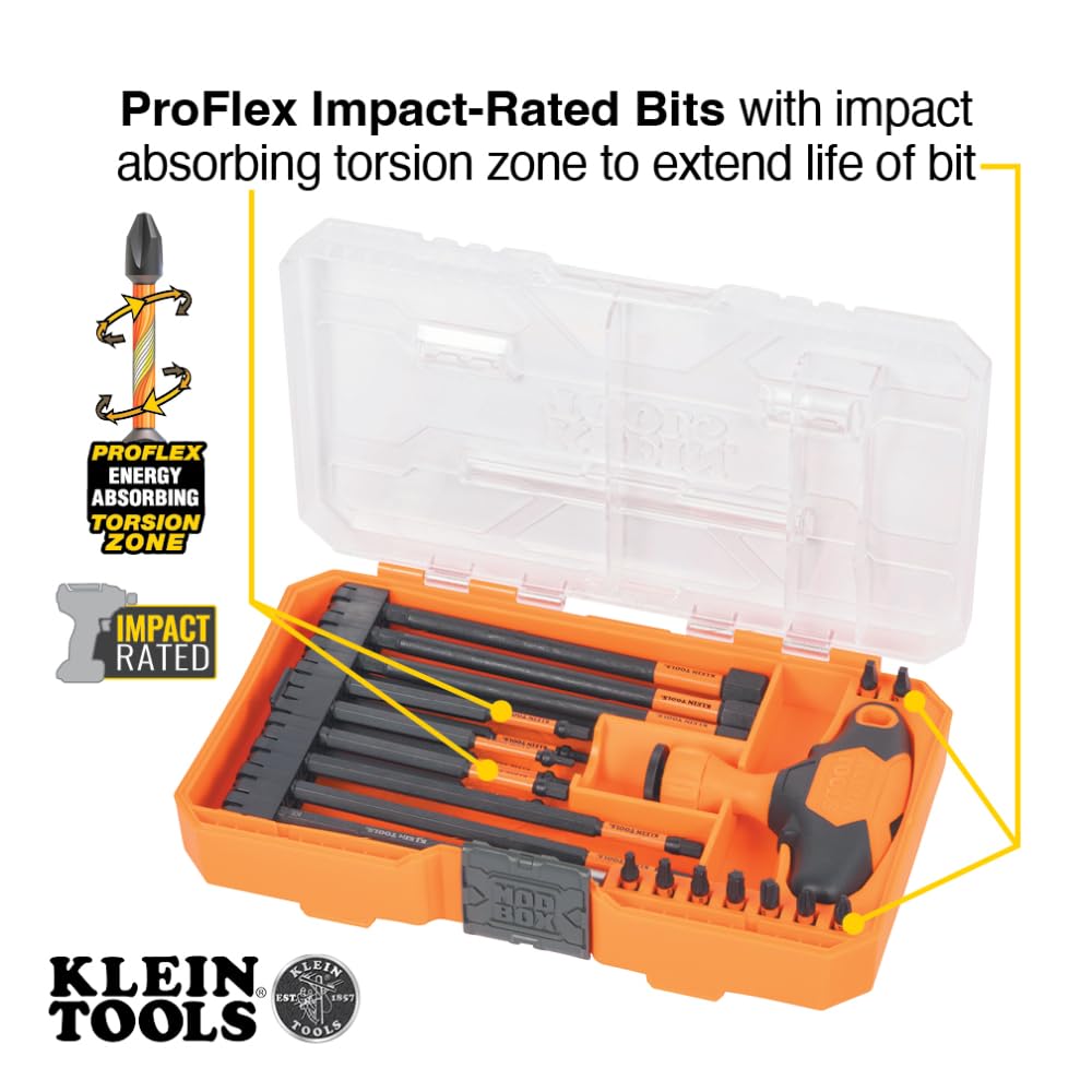 Klein Tools 33804 ProFlex Juego de mango en T intercambiable con clasificación de impacto con zona de torsión, soporte magnético para brocas, SAE, métrico, TORX, 23 piezas