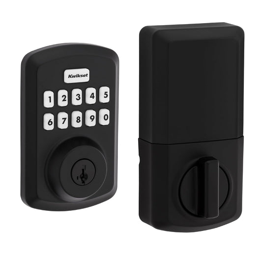 Kwikset Powerbolt 250 - Teclado de 10 botones con cierre electrónico de transición negro mate, con entrada sin llave, códigos de usuario personalizables y bloqueo automático