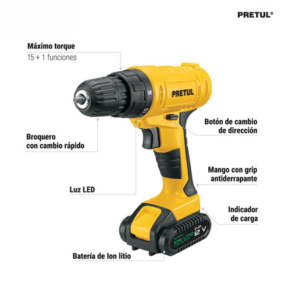PRETUL TALI-12PK2, Kit taladro/destornillador 3/8", 12V con 33 accesorios