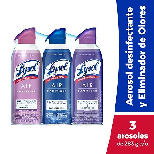Lysol Air Sanitizer Spray Aromatizante y Desinfectante, Eliminador de malos olores para el hogar, baño y oficina. Alternativa de ambientador, 3 Pack Aromas ((White Linen, Lavender Sky, Light Breeze)