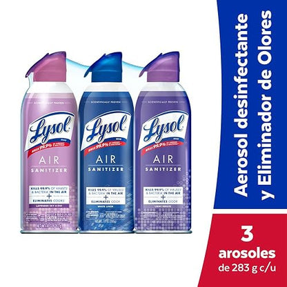 Lysol Air Sanitizer Spray Aromatizante y Desinfectante, Eliminador de malos olores para el hogar, baño y oficina. Alternativa de ambientador, 3 Pack Aromas ((White Linen, Lavender Sky, Light Breeze)