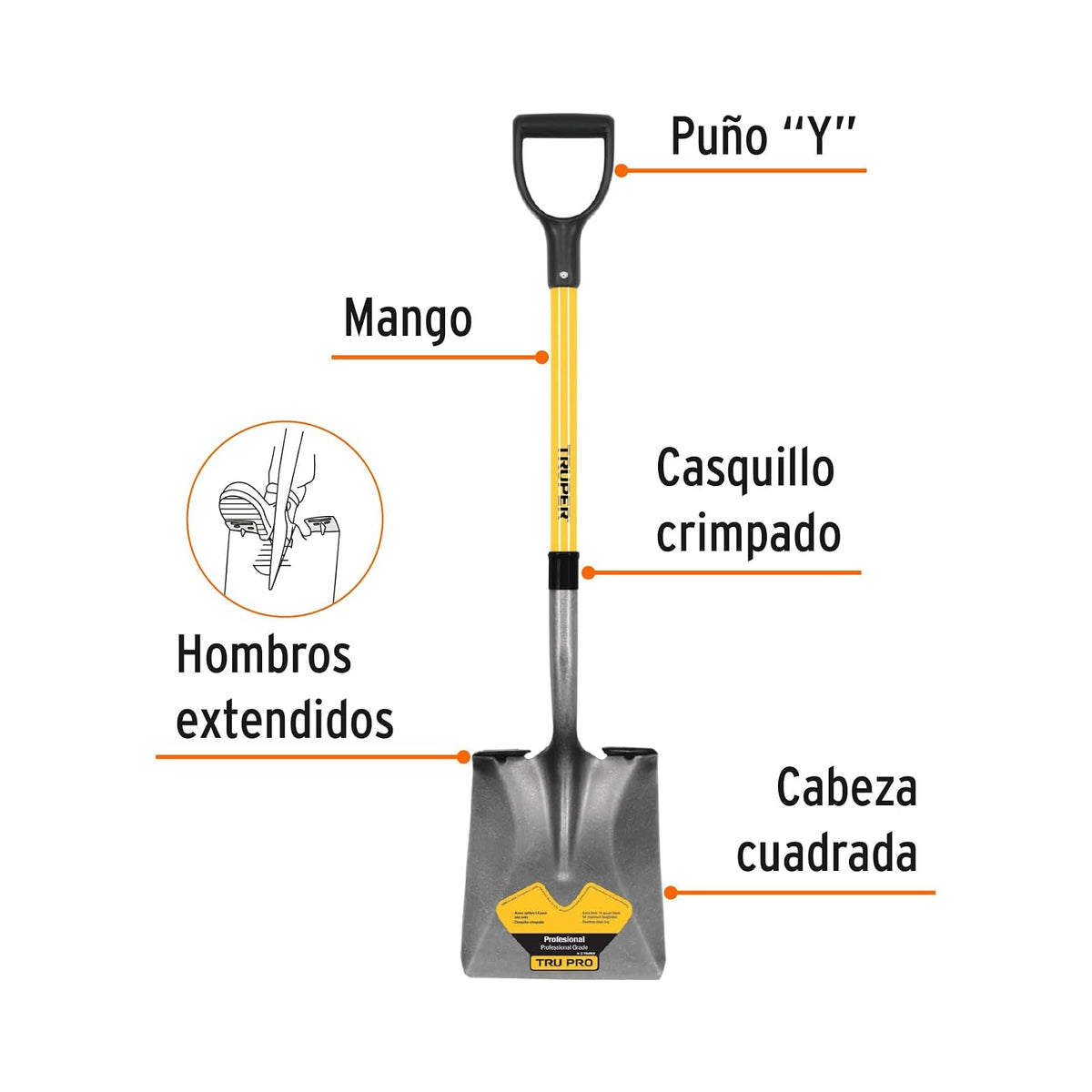 Truper PCY-F, Pala cuadrada puño "Y", fibra de vidrio