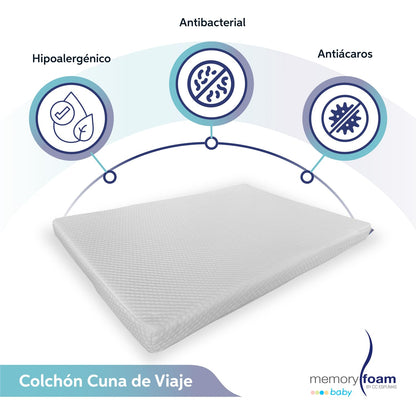 MEMORY FOAM BABY | Colchón de Cuna de Viaje para Bebé - Firmeza Media - Blanco - 100 x 70 x 6 cm - Hecho de Espuma de Poliuretano