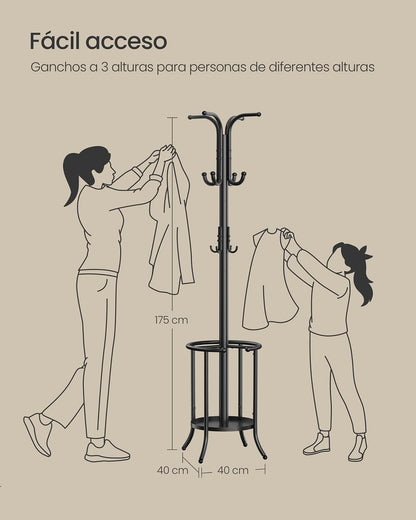 SONGMICS Perchero de Pie con 12 Ganchos y Porta Paraguas, Soporte Ajustable para Sala, Recámara y Pasillo, 30x30x175.5 cm MRCR011B01