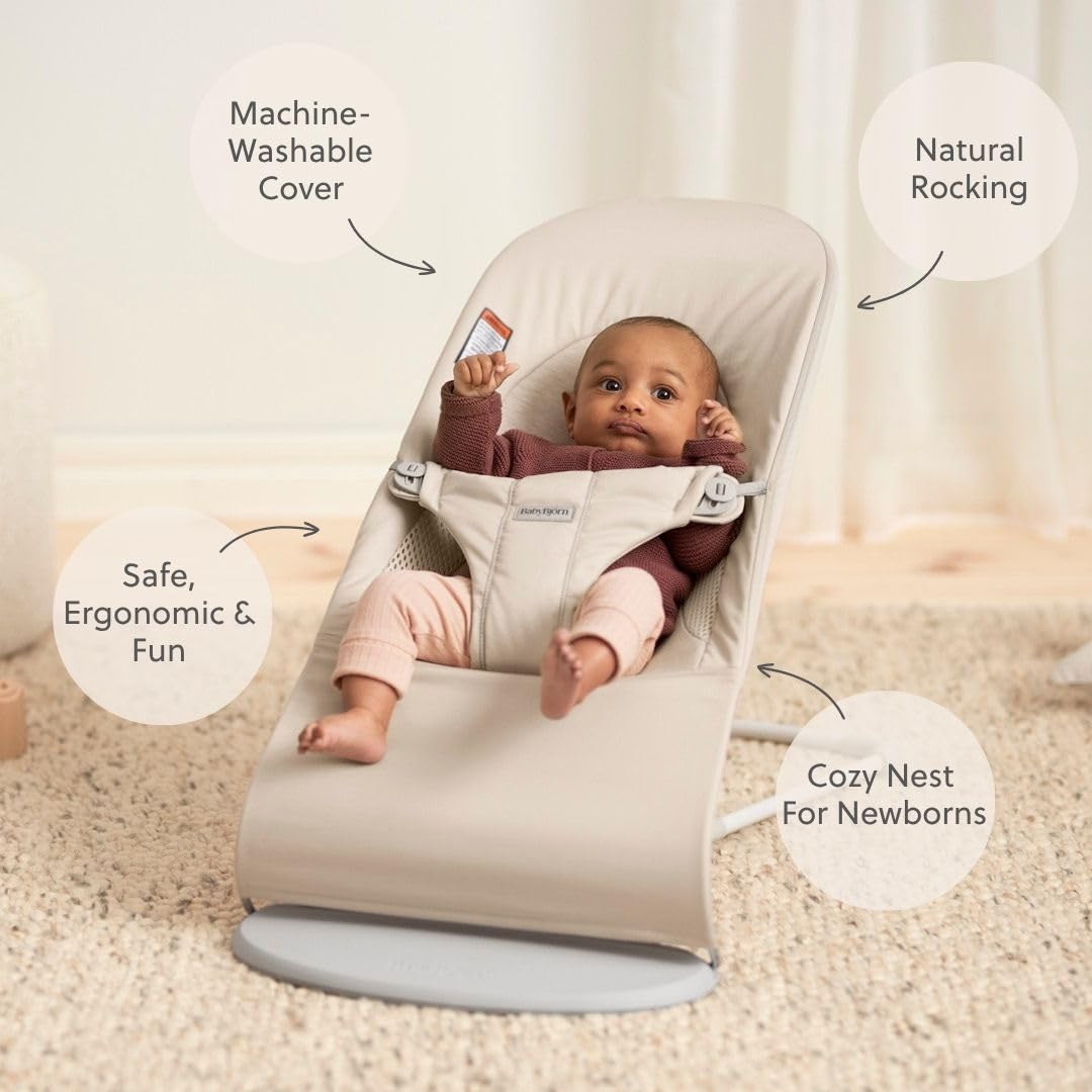 BabyBjörn Bouncer Balance Soft, Light Beige, Woven/Jersey, Tri-Fabric | 2-in-1 Adjustable Baby Bouncer Seat and Toddler Chair, Newborn to Toddler (8-29 lbs), 4 positions, Lightweight & Portable