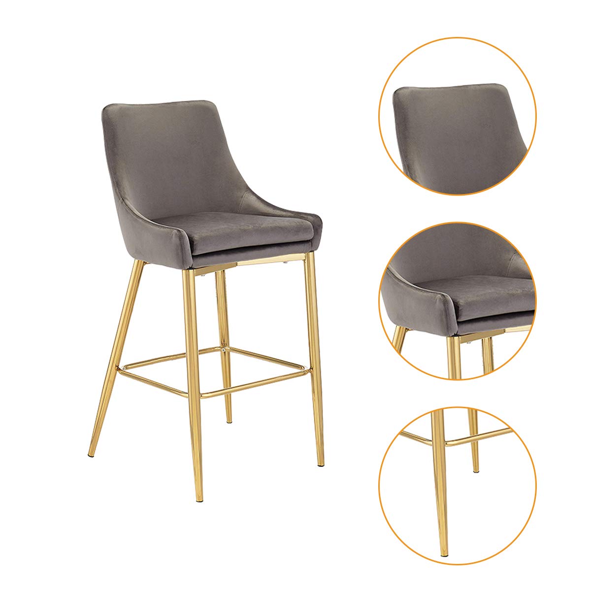 CangLong - Taburete tapizado de Terciopelo con Patas de Metal para Bar, Cocina, Comedor, Sala de Estar y Bar bistró, Juego de 2, Color Gris