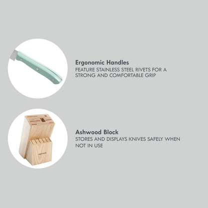 Kenmore Kane Juego de Cuchillos Triple Remachado 14 Piezas | Azul Glaciar, acero inoxidable, bloque de madera, incluye afilador
