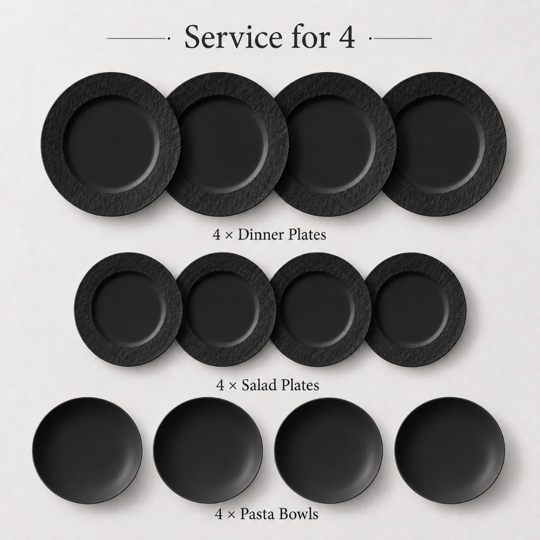 Villeroy & Boch Manufacture Rock Juego de Vajilla | 12 piezas, servicio para 4, platos de cena, platos de ensalada, cuencos de pasta, porcelana, negro mate, hecho en Alemania
