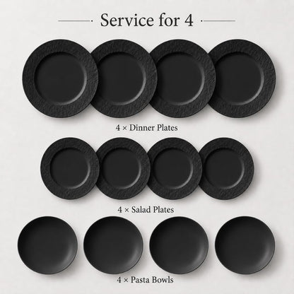 Villeroy & Boch Manufacture Rock Juego de Vajilla | 12 piezas, servicio para 4, platos de cena, platos de ensalada, cuencos de pasta, porcelana, negro mate, hecho en Alemania