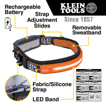 Klein Tools 56308 Linterna LED Frontal, recargable, de Haz Amplio con correa, 575 lúmenes
