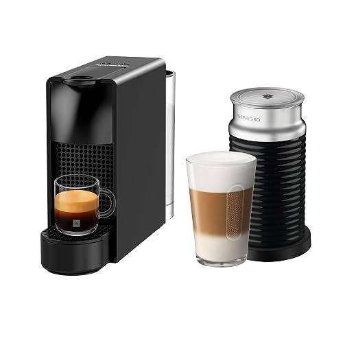 Nespresso Cafetera Essenza Mini Negra con Espumador + 7 Cápsulas | Incluye 12 Cápsulas de regalo y Espumador de leche