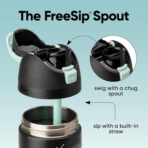 Owala TRON FreeSip - Botella de agua aislada de acero inoxidable con popote para deportes y viajes, botella de agua deportiva sin BPA, 24 onzas, color negro