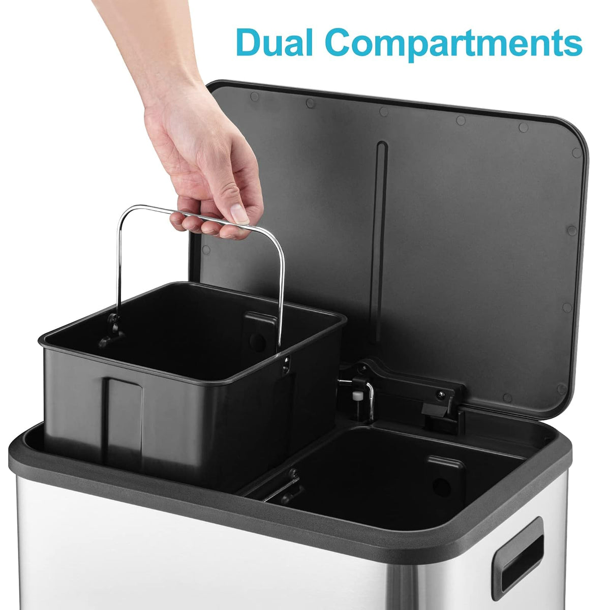 MOVECOM - Bote de basura doble de 2 x 4 galones (30 litros) y cubeta de reciclaje, bote de acero inoxidable con tapa de cierre suave, cubos interiores extraíbles, cubeta de basura para la oficina en