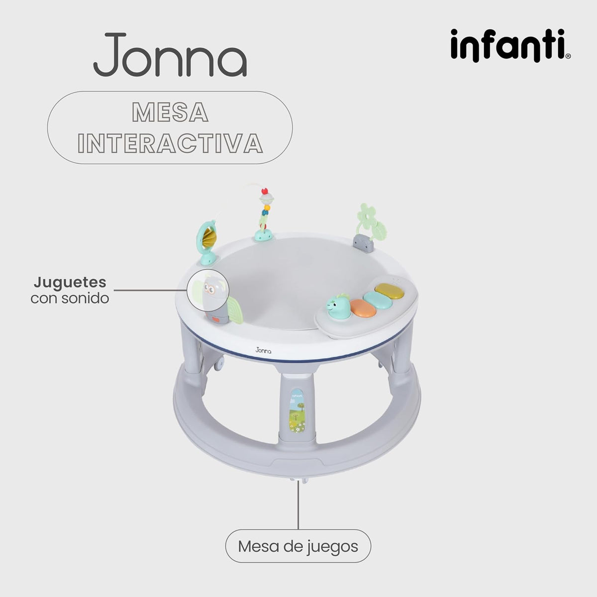 Infanti | Andadera JONNA 4 en 1 con Asiento Giratorio 360° | Se Transforma en Centro de Entretenimiento y Mesita Interactiva | Andador con Juguetes y Sonidos | Altura Ajustable | Color Gris