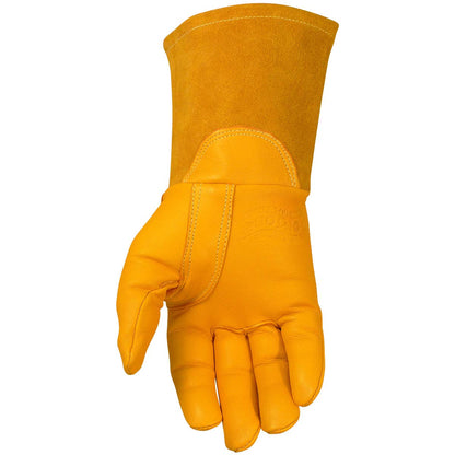 Caiman - Guantes de soldadura MIG de piel de cabra de grano superior, costuras de Kevlar DuPont, sin forro, puño de guantelete de 4 pulgadas, dorado, L (1869-5)