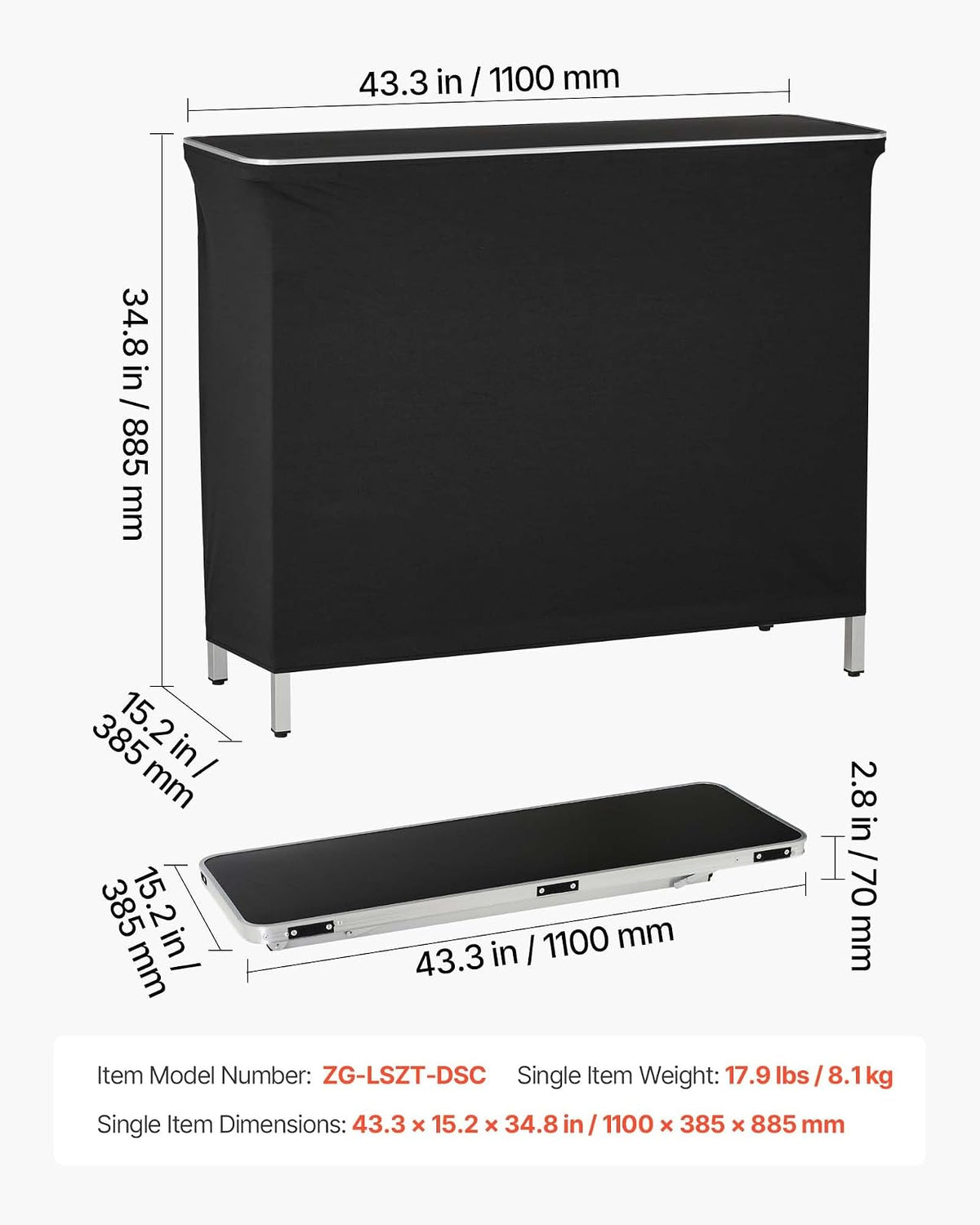 VEVOR Mesa de Bar Portátil 1100 x 390 x 880 mm, Barra de Fiesta Plegable, con Soportes Laterales Falda Estante de Almacenamiento Bolsa de Transporte, Estación de Bar Exterior para Feria Eventos Fiesta