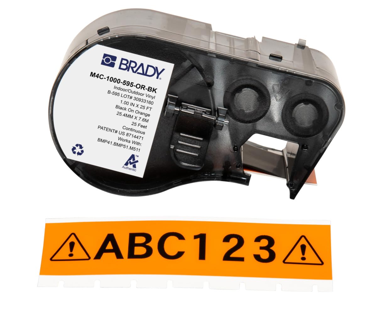 Brady Authentic (M4C-1000-595-OR-BK) Etiquetas de vinilo para todo tipo de clima, 1 pulgada de ancho x 25 pies, negro sobre naranja. Para uso con impresoras de etiquetas The BMP41, BMP51 y M511