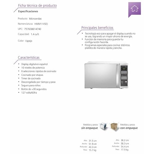 Mabe - Horno de microondas 1.4 pies cúbicos (40 L) 120 V Espejo - HMM114SEJ