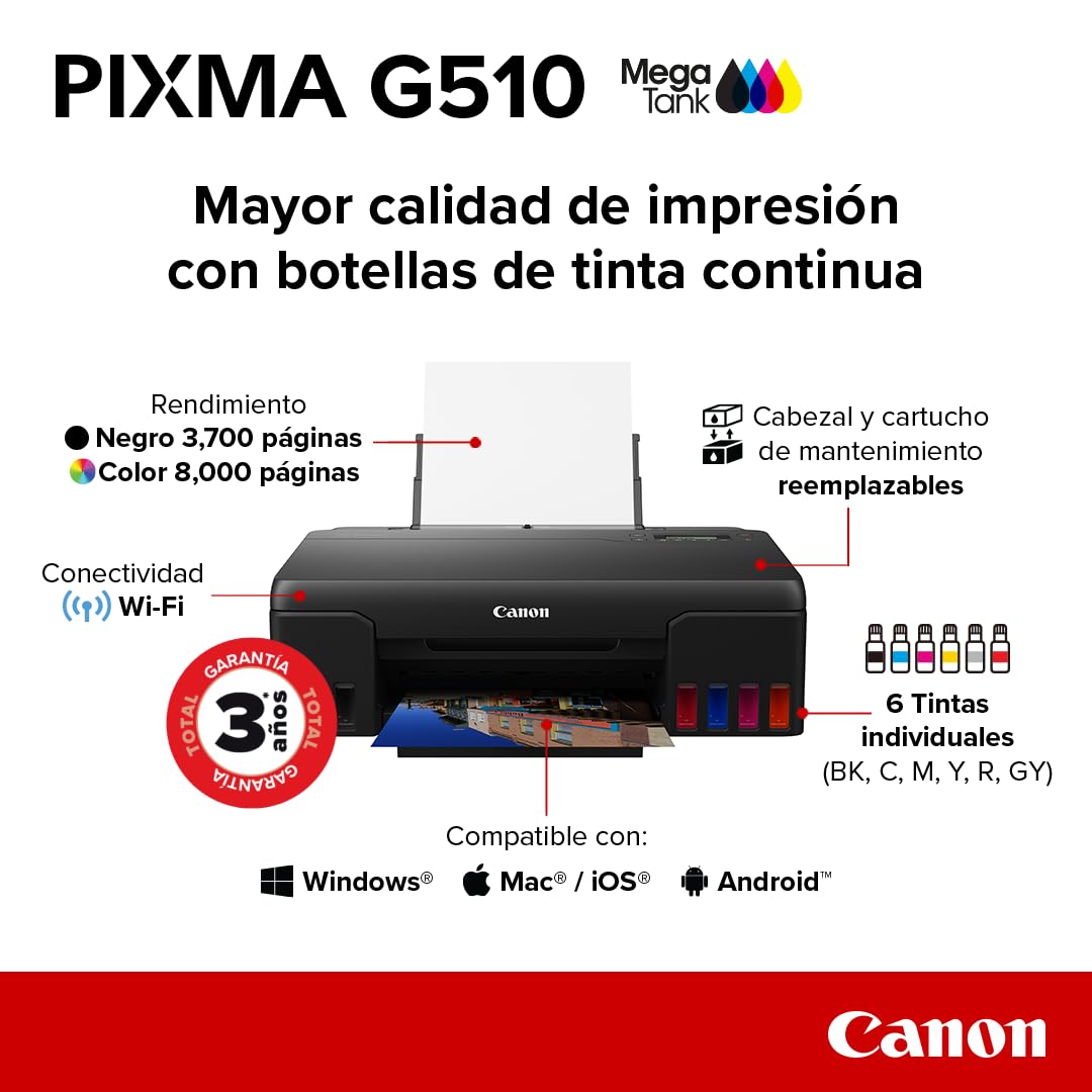 Canon Impresora Wi-Fi G510 de Tanque de tintas, Calidad fotográfica y Capacidad de 6 Botellas de tintas