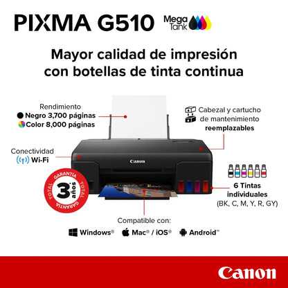 Canon Impresora Wi-Fi G510 de Tanque de tintas, Calidad fotográfica y Capacidad de 6 Botellas de tintas