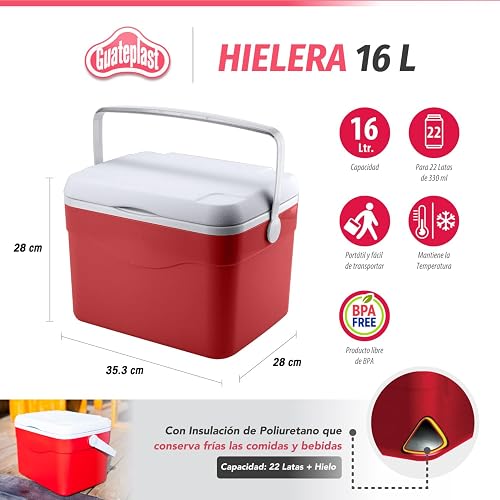 Guateplast - Hielera Portátil de 16 litros (17 QT) | Capacidad 22 para Latas | Cooler | Enfriador Resistente y Liviano | Hielo