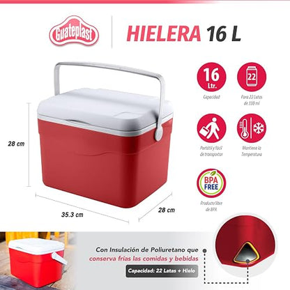 Guateplast - Hielera Portátil de 16 litros (17 QT) | Capacidad 22 para Latas | Cooler | Enfriador Resistente y Liviano | Hielo