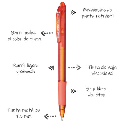 Bolígrafo Feel-It Pentel Retráctil Tinta de Baja Viscosidad Color Naranja Caja con 12 Piezas-BX420-F