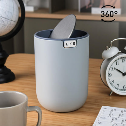EKO - cubeta de basura de computadora con tapa abatible para mesa pequeña de 0.4 galones redondo para oficina, hogar, automóvil (gris)