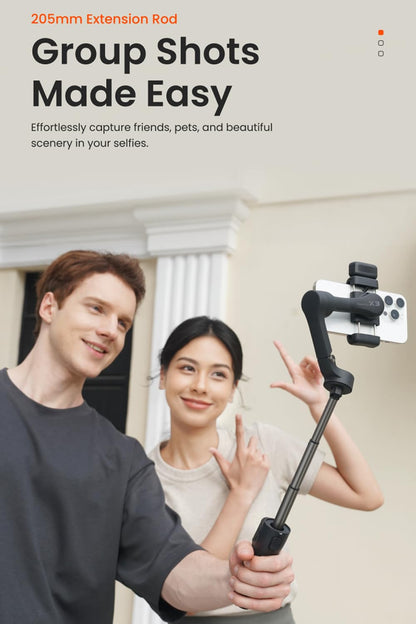 Hohem iSteady X3 Gimbal Stabilizer for Smartphone,3 Axis Phone Gimbal with Magnetic Fill Light, Desmontable Remote Control, Incorporado Extensible Rod&Tripod for Travel/Vlog/TikTok-Black