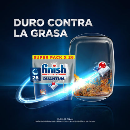 Finish® Quantum Detergente en Tabletas para Lavavajillas, 26 tabletas, Sin necesidad de pre-lavar para una limpieza profunda y duro contra la grasa