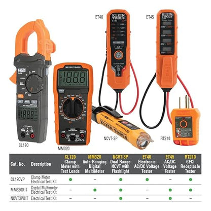 Klein Tools - Kit de prueba eléctrica de multímetro digital, probador de voltaje sin contacto, probador de tomacorrientes GFCI y probador de voltaje electrónico.MM320KIT , Negro/Naranaja/Amarillo