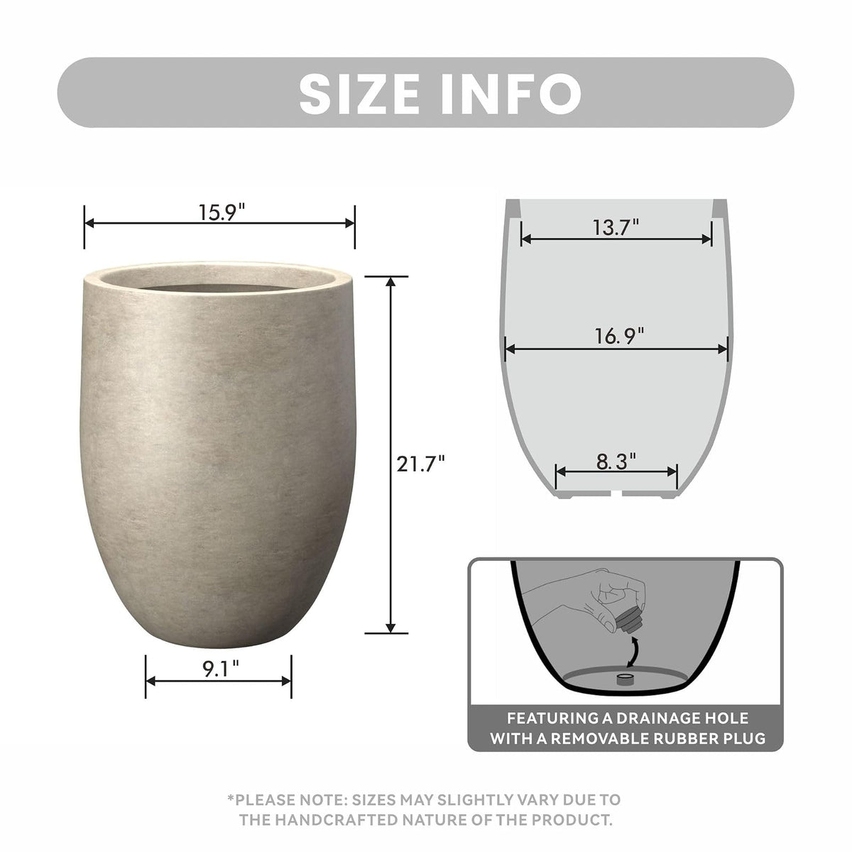 Kante - Maceta de hormigón Alto, 21.7 Pulgadas de Altura, Gran Maceta para Interiores y Exteriores, con Agujero de Drenaje para Patio, jardín, hogar, decoración Moderna para Flores y árboles