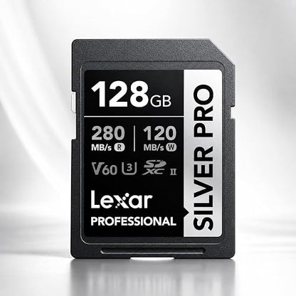 Tarjeta Lexar Profesional 128GB Silver Pro SDXC UHS-II Clase 10, U3, V60, Silver Pro (Lectura hasta 280MB/s Read, Escritura hasta 120MB/s)