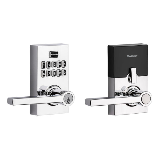 Kwikset SmartCode 917 - Teclado sin llave, cerradura electrónica residencial contemporánea, cerrojo de seguridad con manija de puerta Halifax y seguridad SmartKey, cromo pulido