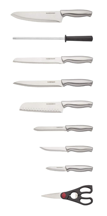 Farberware Juego de 15 cuchillos de acero inoxidable estampado, juego de cuchillos de cocina de acero inoxidable de alto carbono con asas ergonómicas, cuchillos afilados con bloque de madera, juego de