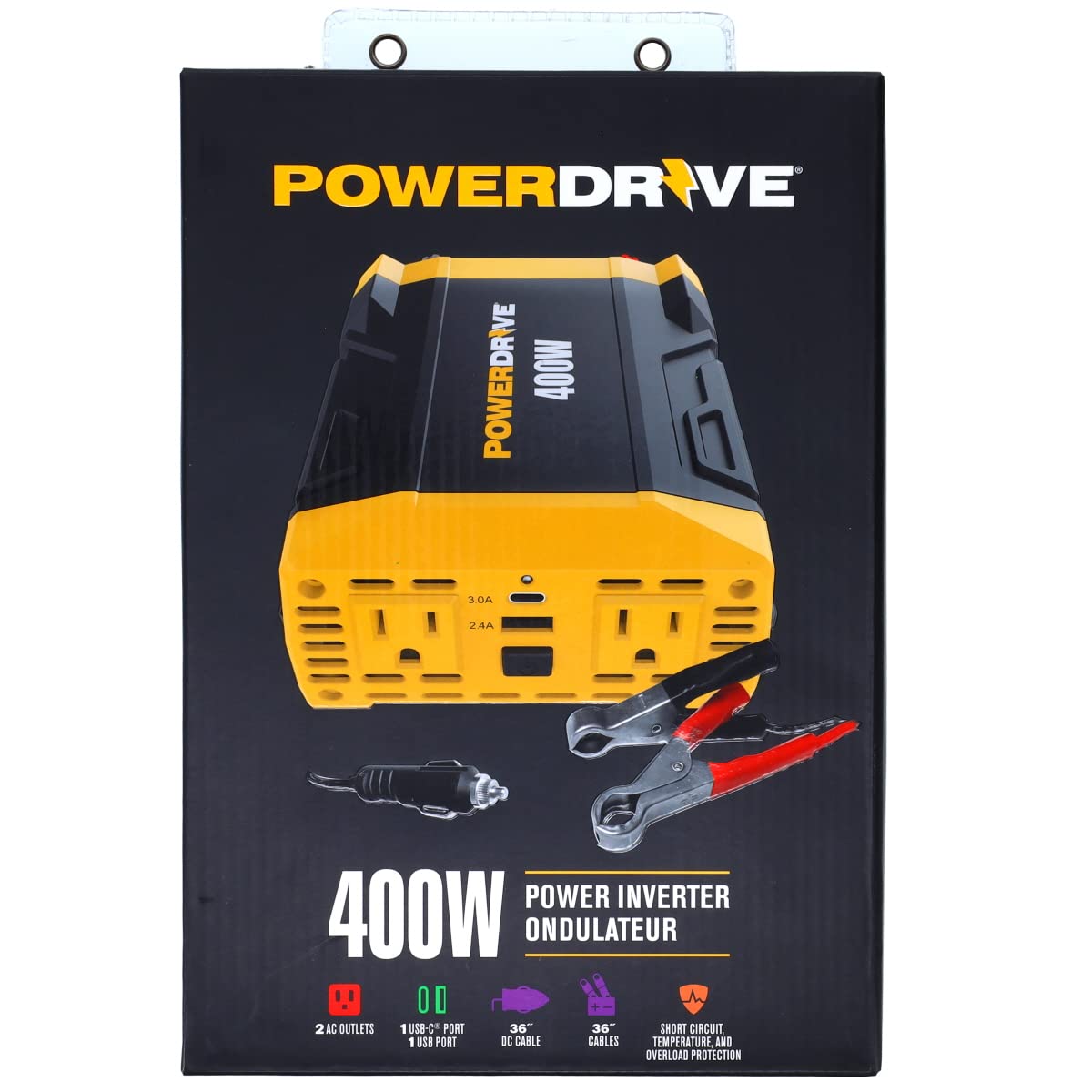 PowerDrive PWD400 - Inversor de Corriente de 400 W, 12 V CC a 110 V CA con 2 tomacorrientes y 2 Puertos
