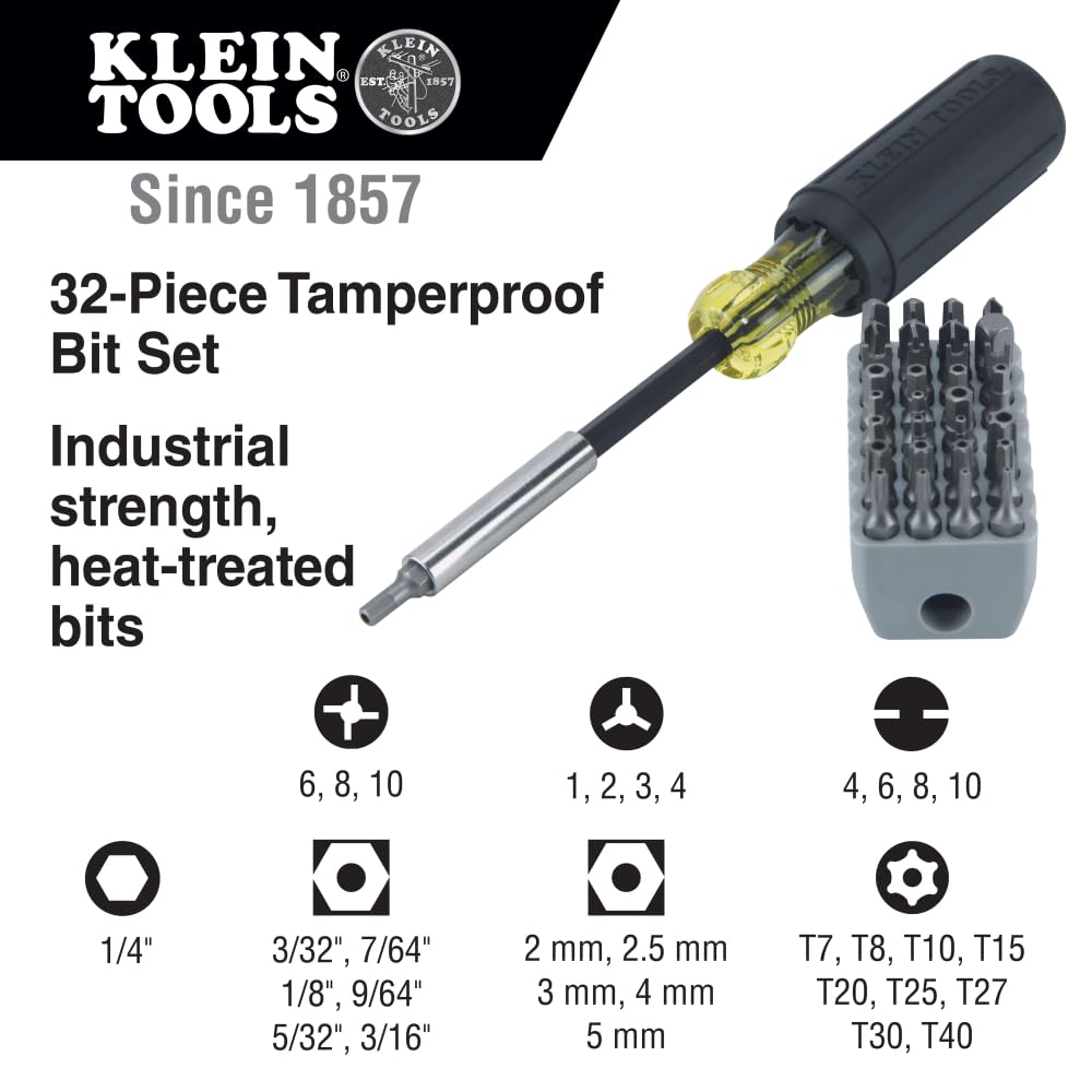 Klein Tools 32510 Desarmador de punta magnética con 32 puntas inviolables de diferentes tamaños en un cómodo soporte.